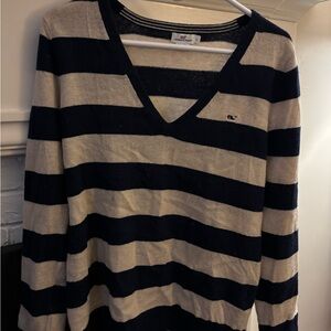 Vineyard Vines Navy and Cream Striped V-Neck Sweater